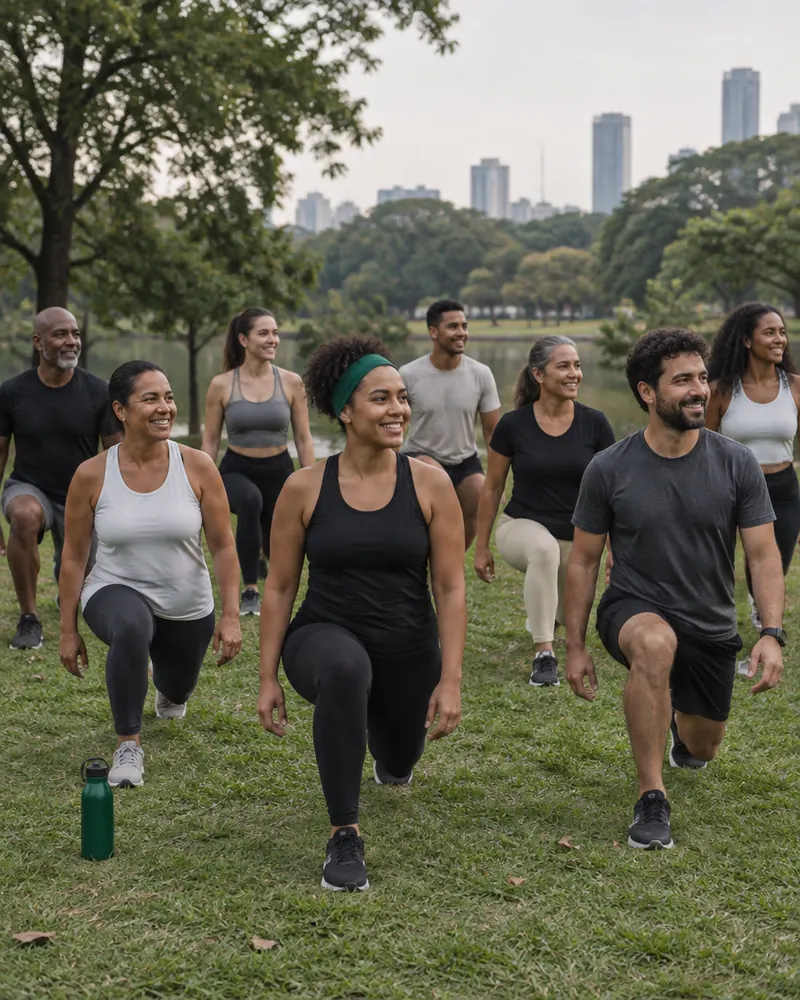 Grupo de várias idades fazendo avanço junto no gramado de um parque